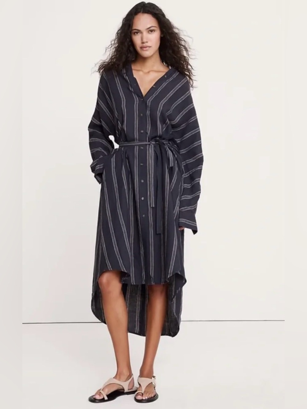 NWT Banana Republic Navy Striped Linen Midi Shirt Dress Sz Medium (#873207)
